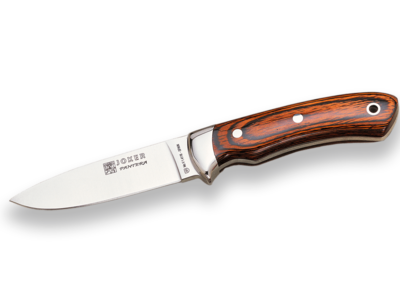 CUCHILLO DE MONTE ENTERIZO CON MANGO DE MADERA ROJA Y HOJA DE 9,5 CM.
