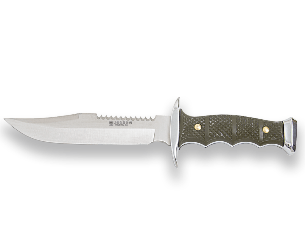 CUCHILLO DE MONTE CON CACHAS DE ZAMAK-ABS Y HOJA DE 17 CM. FUNDA DE CAMUFLAJE