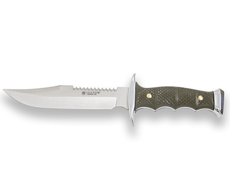 CUCHILLO DE MONTE CON CACHAS DE ZAMAK-ABS Y HOJA DE 17 CM. FUNDA DE CAMUFLAJE