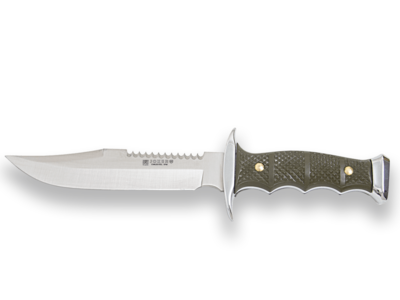 CUCHILLO DE MONTE CON CACHAS DE ZAMAK-ABS Y HOJA DE 17 CM. FUNDA DE CAMUFLAJE