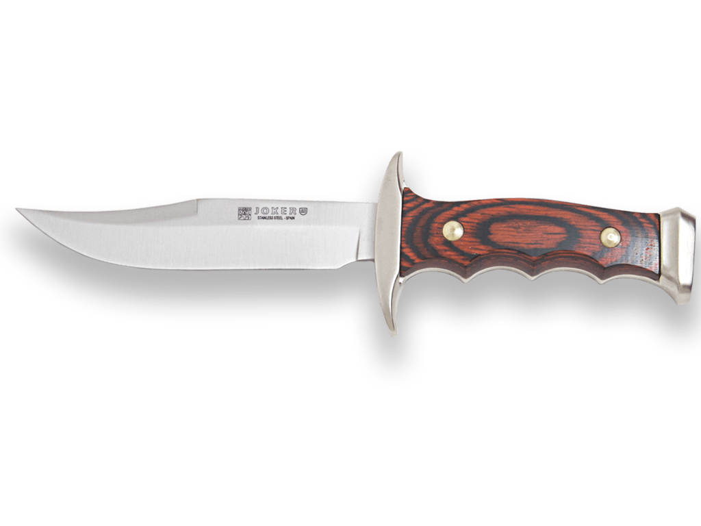 CUCHILLO DE MONTE CON MANGO DE ZAMAK Y MADERA ROJA Y HOJA DE 11 CM.