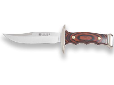 CUCHILLO DE MONTE CON MANGO DE ZAMAK Y MADERA ROJA Y HOJA DE 11 CM.
