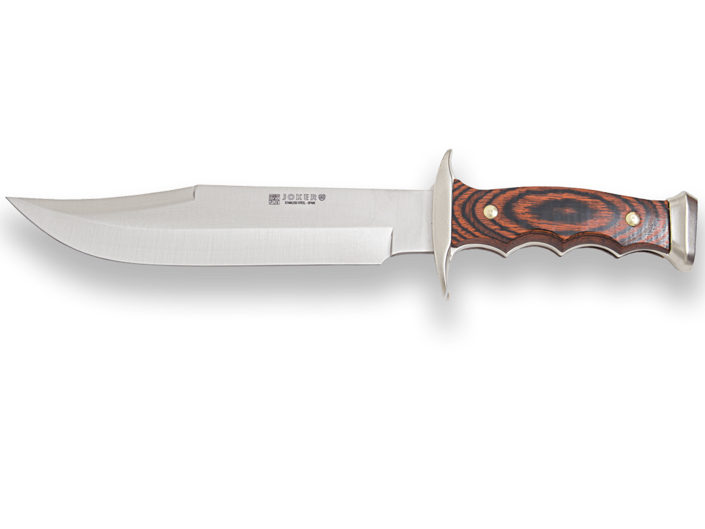 CUCHILLO DE MONTE CON VIROLA ZAMAK CACHAS DE MADERA ROJA Y HOJA DE 21 CM.