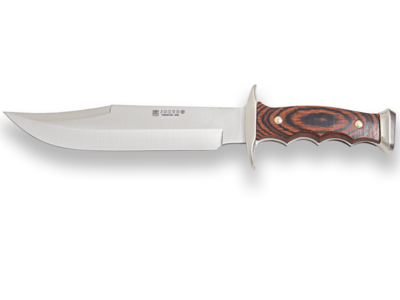 CUCHILLO DE MONTE CON VIROLA ZAMAK CACHAS DE MADERA ROJA Y HOJA DE 21 CM.