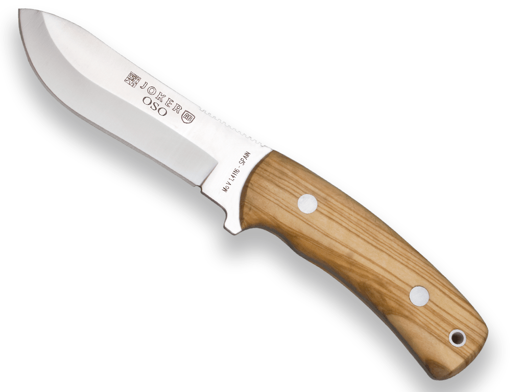 CUCHILLO DE MONTE JOKER OSO, ENTERIZO, MANGO DE OLIVO, HOJA ACERO INOX DE 12 CM. FUNDA DE CUERO.