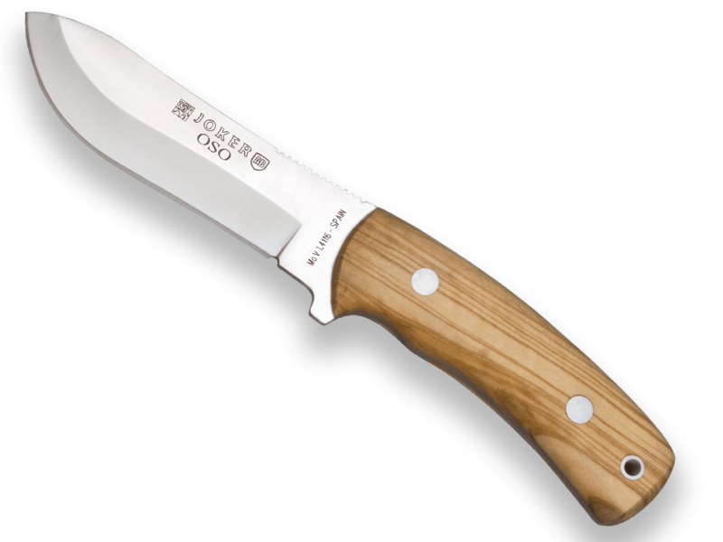 CUCHILLO DE MONTE JOKER OSO, ENTERIZO, MANGO DE OLIVO, HOJA ACERO INOX DE 12 CM. FUNDA DE CUERO.