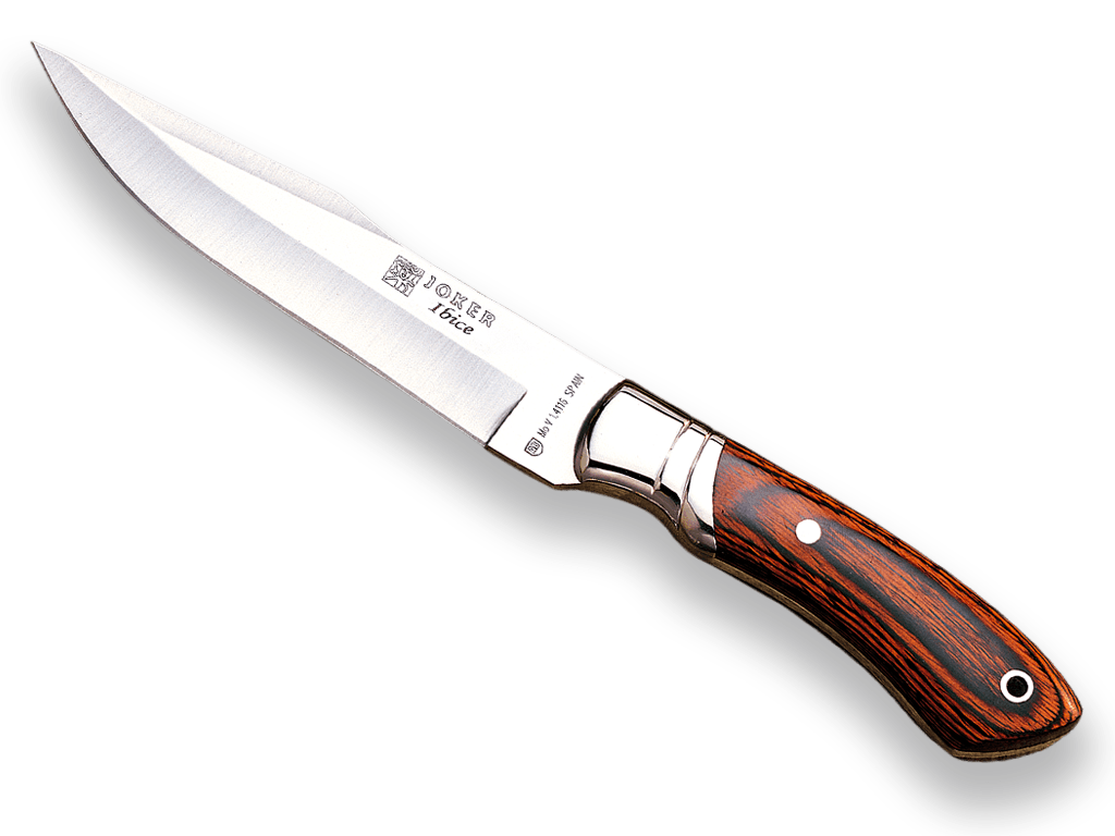 CUCHILLO DE CAZA JOKER IBICE, MANGO MADERA ROJA Y HOJA DE 15 CM ACERO INOX. FUNDA DE CUERO.