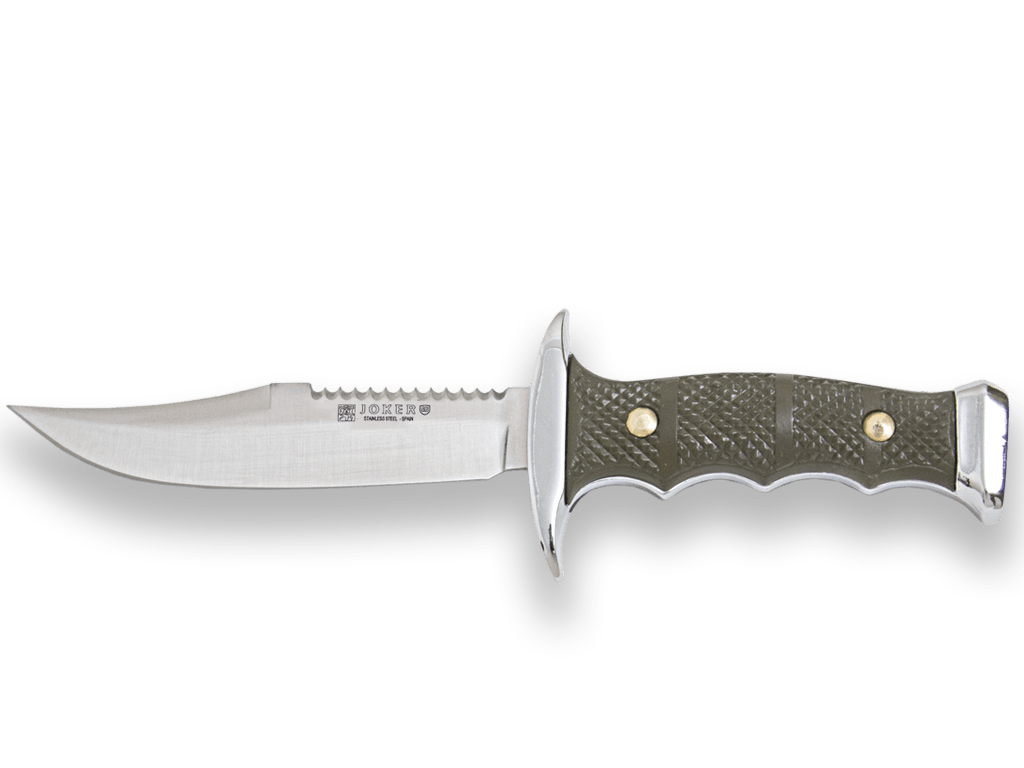 CUCHILLO DE MONTE CON CACHAS DE ZAMAK-ABS Y HOJA DE 11 CM. FUNDA DE CAMUFLAJE