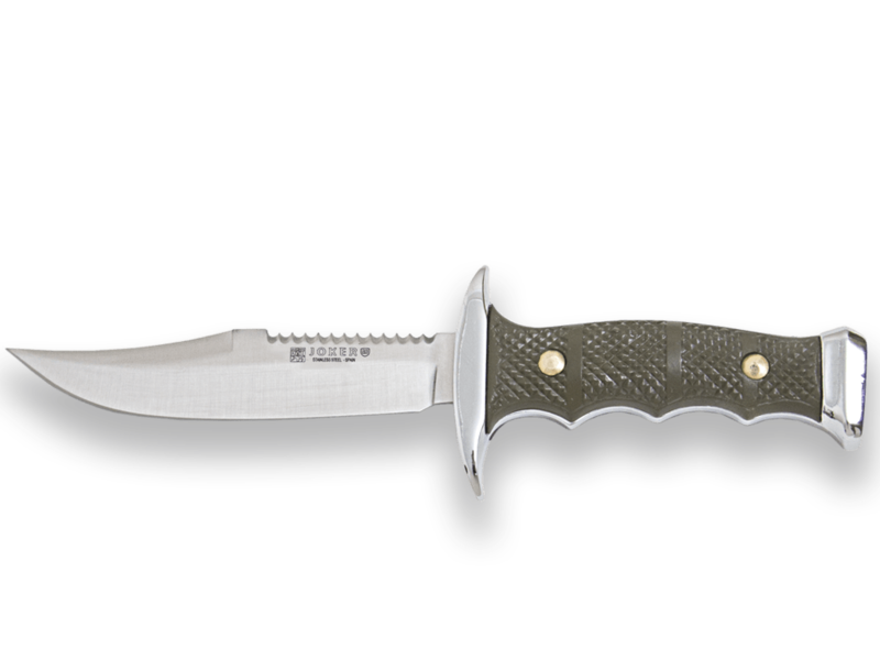 CUCHILLO DE MONTE CON CACHAS DE ZAMAK-ABS Y HOJA DE 11 CM. FUNDA DE CAMUFLAJE