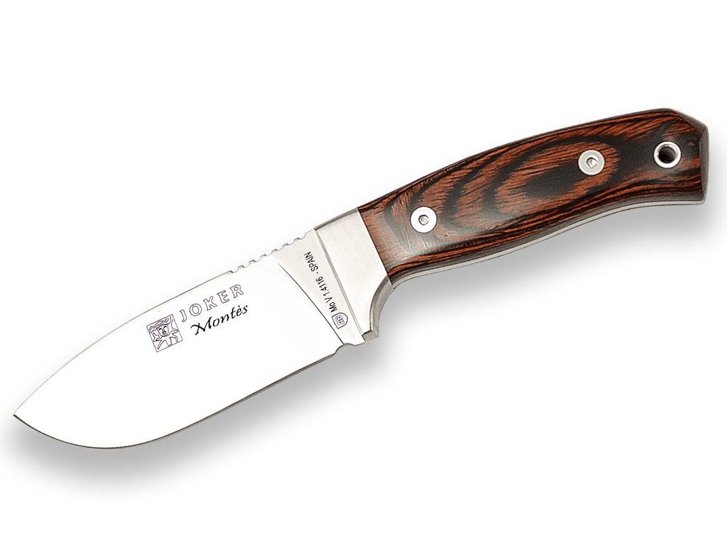 CUCHILLO DE MONTE CON VIROLA CACHAS DE MADERA ROJA PRENSADA Y HOJA DE 10 CM