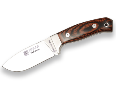 CUCHILLO DE MONTE CON VIROLA CACHAS DE MADERA ROJA PRENSADA Y HOJA DE 10 CM