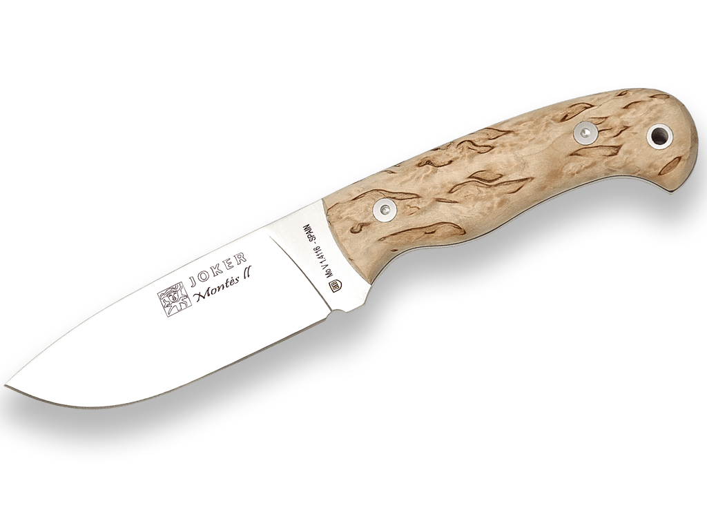 CUCHILLO DE MONTE ENTERIZO CON CACHAS DE ABEDUL RIZADO Y HOJA DE 11 CM