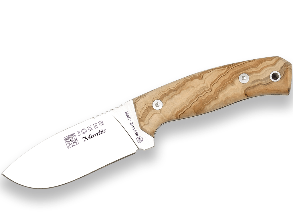 CUCHILLO DE MONTE ENTERIZO CON CACHAS EN MADERA DE OLIVO Y HOJA INOX DE 10,5 CM