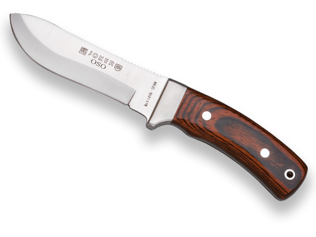 CUCHILLO DE MONTE JOKER OSO,ENTERIZO, MANGO MADERA ROJA, HOJA DE 12 CM, FUNDA DE CUERO.