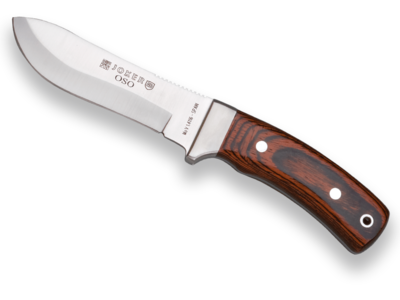 CUCHILLO DE MONTE JOKER OSO,ENTERIZO, MANGO MADERA ROJA, HOJA DE 12 CM, FUNDA DE CUERO.