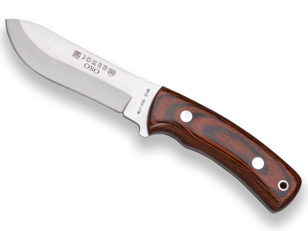 CUCHILLO DE MONTE JOKER OSO, MANGO MADERA ROJA, HOJA INOX DE 12 CM.FUNDA DE CUERO.