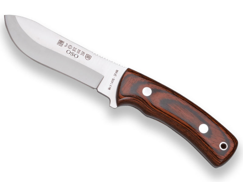 CUCHILLO DE MONTE JOKER OSO, MANGO MADERA ROJA, HOJA INOX DE 12 CM.FUNDA DE CUERO.