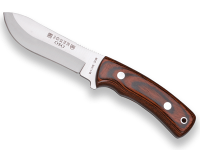 CUCHILLO DE MONTE JOKER OSO, MANGO MADERA ROJA, HOJA INOX DE 12 CM.FUNDA DE CUERO.