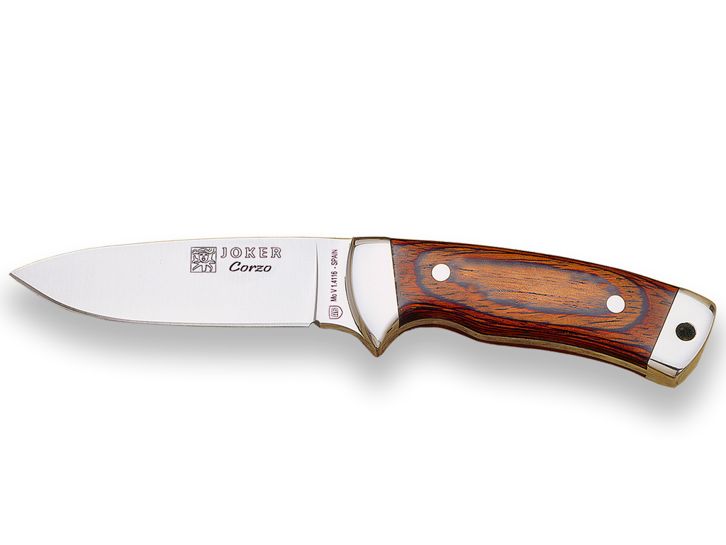 CUCHILLO MONTERO CON VIROLA CACHAS DE MADERA ROJA PRENSADA Y HOJA DE 10 CM.