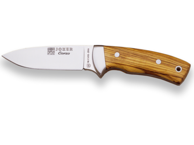 CUCHILLO MONTERO ENTERIZO CON VIROLA CACHAS DE OLIVO Y HOJA DE 10 CM.