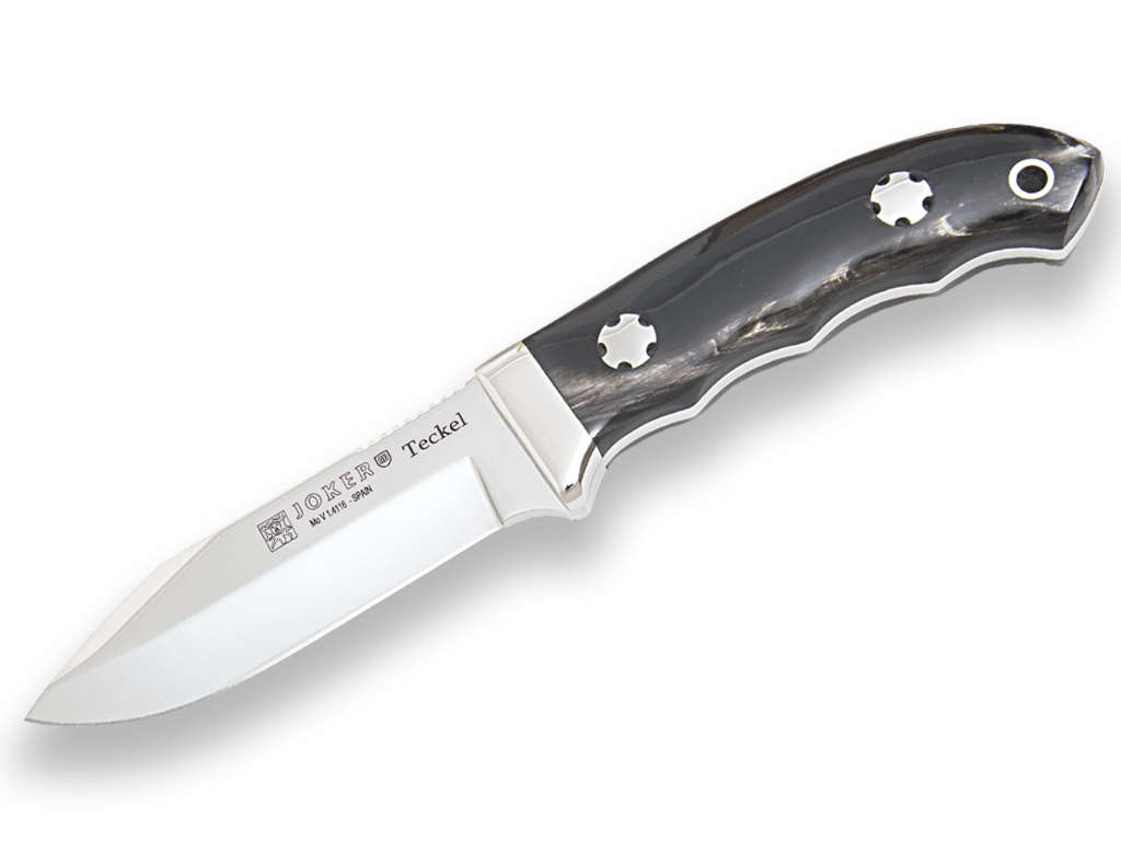 CUCHILLO DE MONTE ENTERIZO CON VIROLA CACHAS EN ASTA DE BÚFALO Y HOJA DE 9,5 CM.