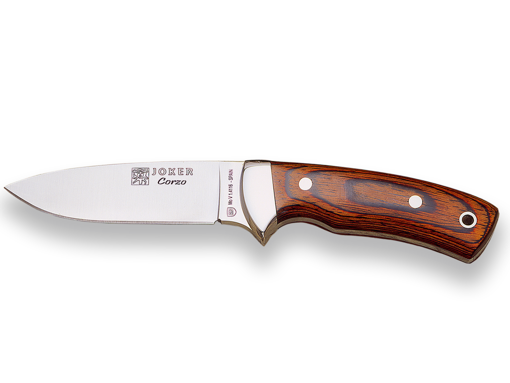 CUCHILLO MONTERO CON CACHAS DE MADERA ROJA PRENSADA Y HOJA DE 10 CM.