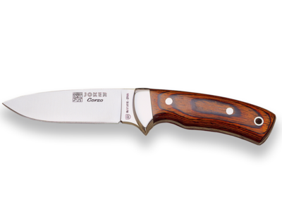 CUCHILLO MONTERO CON CACHAS DE MADERA ROJA PRENSADA Y HOJA DE 10 CM.