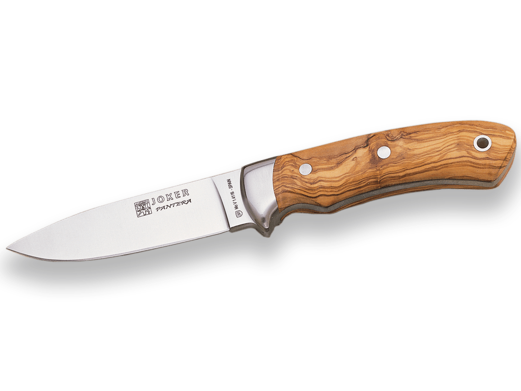 CUCHILLO DE MONTE ENTERIZO CON CACHAS EN MADERA DE OLIVO Y HOJA DE 12 CM.