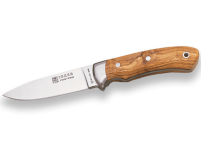 CUCHILLO DE MONTE ENTERIZO CON CACHAS EN MADERA DE OLIVO Y HOJA DE 12 CM.