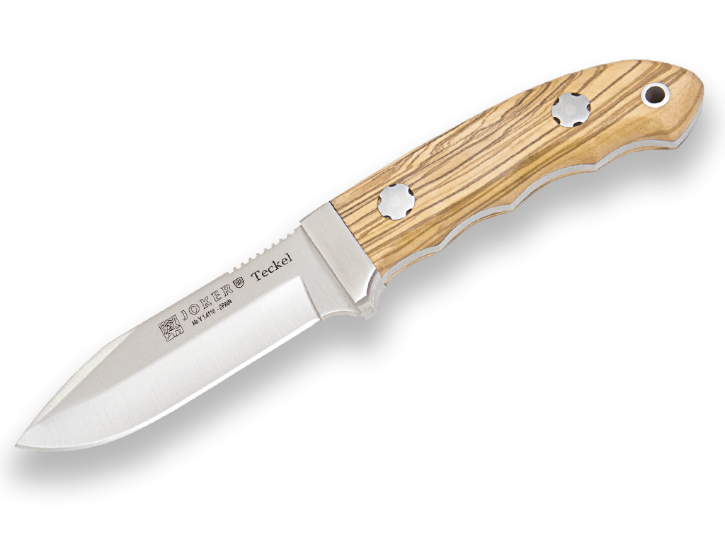 CUCHILLO DE MONTE ENTERIZO CON VIROLA CACHAS MADERA DE OLIVO Y HOJA DE 9.5 CM