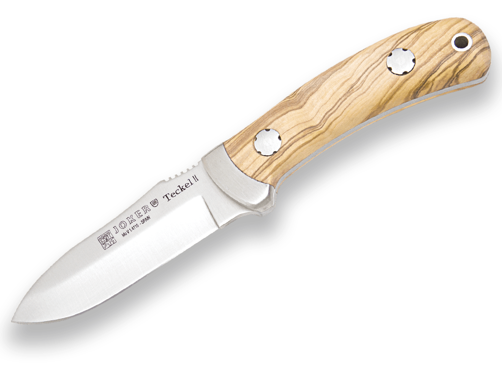 CUCHILLO DE MONTE ENTERIZO CON VIROLA CACHAS MADERA DE OLIVO Y HOJA DE 9 CM