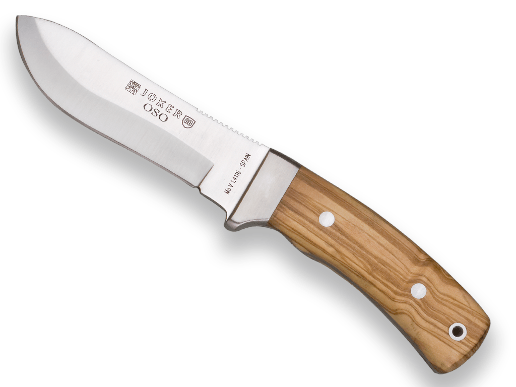 CUCHILLO DE MONTE JOKER OSO, ENTERIZO, VIROLA ACERO INOX, MANGO MADERA OLIVO, HOJA DE 12 CM,FUNDA DE CUERO.