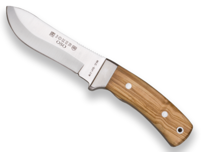 CUCHILLO DE MONTE JOKER OSO, ENTERIZO, VIROLA ACERO INOX, MANGO MADERA OLIVO, HOJA DE 12 CM,FUNDA DE CUERO.