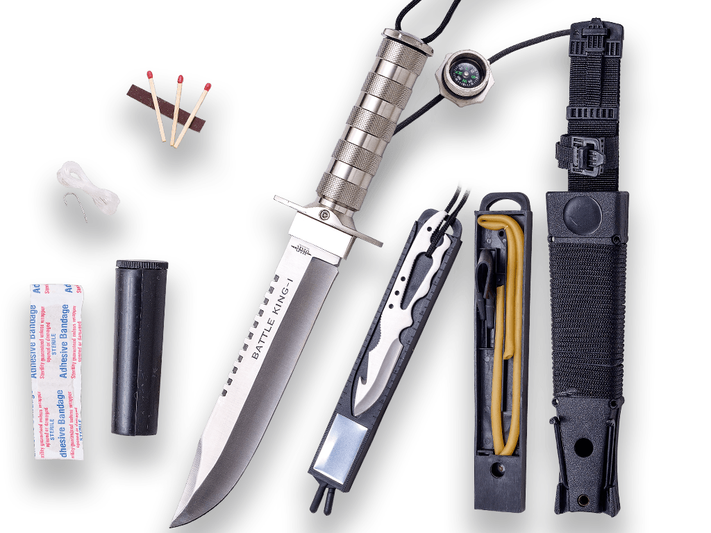CUCHILLO DE SUPERVIVENCIA BATTLE KING I. PUÑO DE ALUMINIO Y HOJA DE 20,5 CM.INCLUYE KIT DE SUPERVIVENCIA.FUNDA DE NYLON Y PVC.