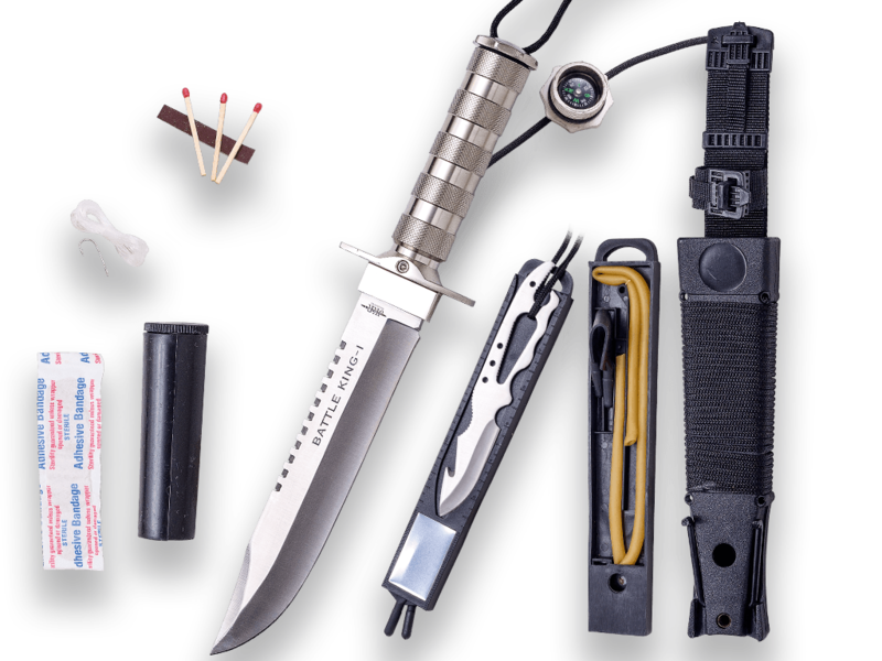 CUCHILLO DE SUPERVIVENCIA BATTLE KING I. PUÑO DE ALUMINIO Y HOJA DE 20,5 CM.INCLUYE KIT DE SUPERVIVENCIA.FUNDA DE NYLON Y PVC.