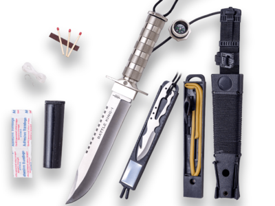 CUCHILLO DE SUPERVIVENCIA BATTLE KING I. PUÑO DE ALUMINIO Y HOJA DE 20,5 CM.INCLUYE KIT DE SUPERVIVENCIA.FUNDA DE NYLON Y PVC.