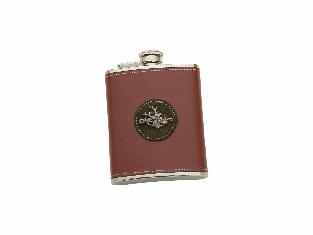 LICORERA 6 OZ INOX. FORRADA CON PIEL Y PIN