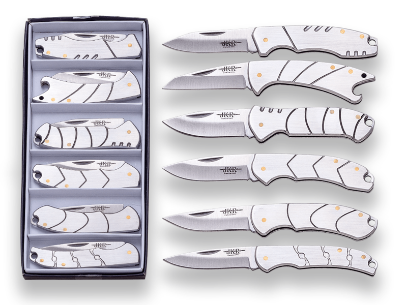 KIT DE 6 PIEZAS DE NAVAJAS JKR. HOJA ACERO INOX DE 6 CM DE LARGO. PUÑO DE ALUMINIO.
