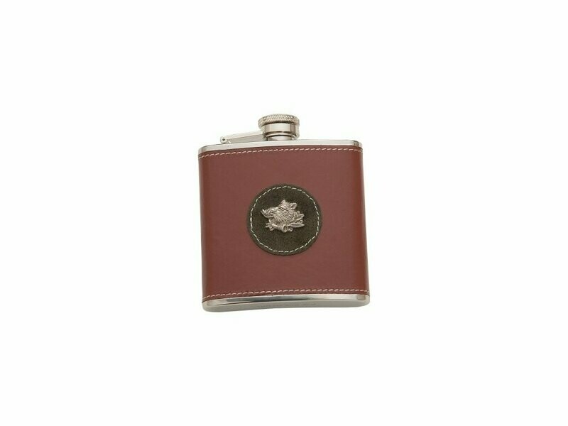 LICORERA 5 OZ INOX. FORRADA CON PIEL Y PIN