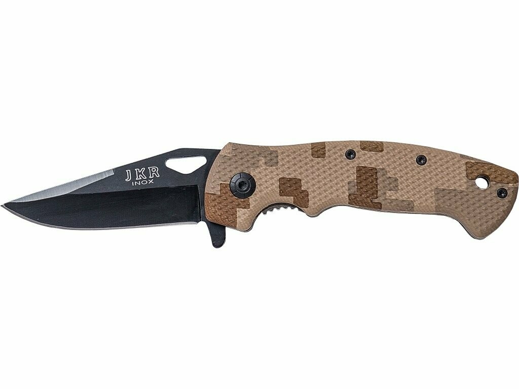 NAVAJA DE APERTURA ASISTIDA CON PUÑO DE FIBRA CAMUFLAJE Y HOJA PAVONADA DE 8 CM