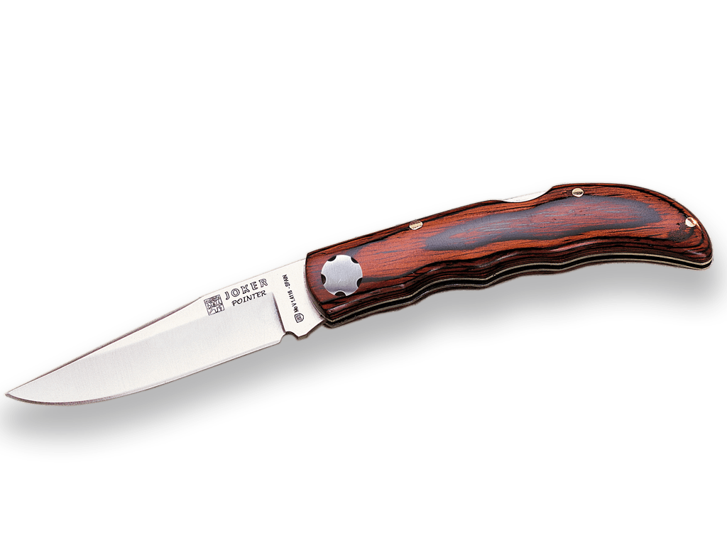 NAVAJA DEPORTIVA CON CACHAS EN MADERA ROJA RANURA DEDOS Y HOJA DE 7,5 CM.