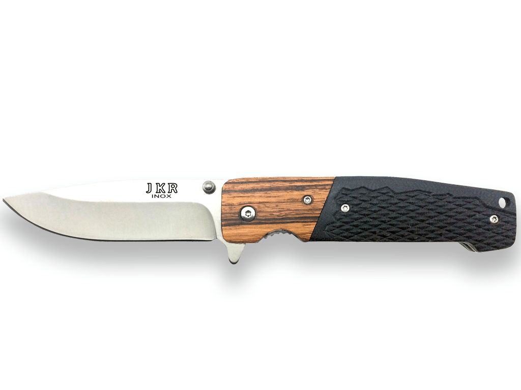 NAVAJA DEPORTIVA JKR CON CACHAS EN G10 Y MADERA, HOJA INOX DE 8,7 CM.