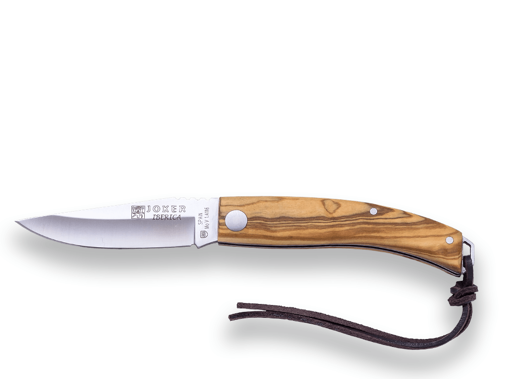 NAVAJA DEPORTIVA JOKER IBÉRICA ,DE PISTON, CACHAS EN MADERA DE OLIVO, ACERO INOX MOVA 1.4116 Y HOJA DE 7,5 CM.