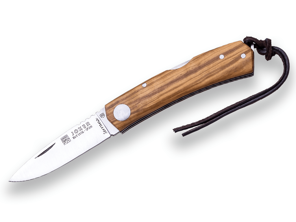 NAVAJA DEPORTIVA JOKER SERRANA, CON BLOQUEO LOCK BACK, HOJA 7 CM, ACERO INOX MOVA 1.4116 Y CACHAS EN MADERA DE OLIVO