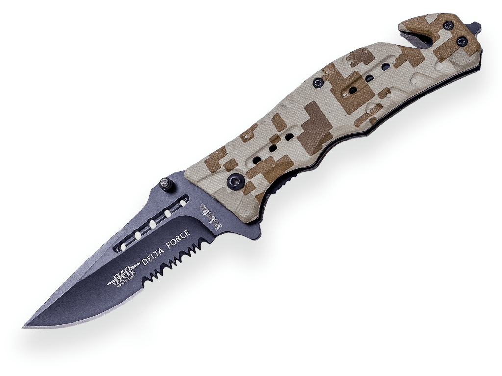NAVAJA DE RESCATE JKR DELTA FORCE, CON APERTURA ASISTIDA, HOJA INOX DE 8 CM CON SIERRA, PUÑO ALUMINIO. INCLUYE FUNDA DE NYLON.