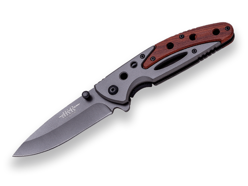 NAVAJA DEPORTIVA CON APERTURA MANUAL. HOJA ACERO INOX 8,5 CM Y PUÑO MADERA Y ALUMINIO.