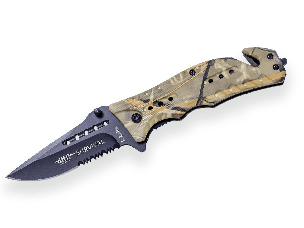 NAVAJA DE RESCATE JKR SURVIVAL, CON APERTURA ASISTIDA, HOJA INOX DE 8 CM CON SIERRA, PUÑO ALUMINIO. INCLUYE FUNDA DE NYLON.