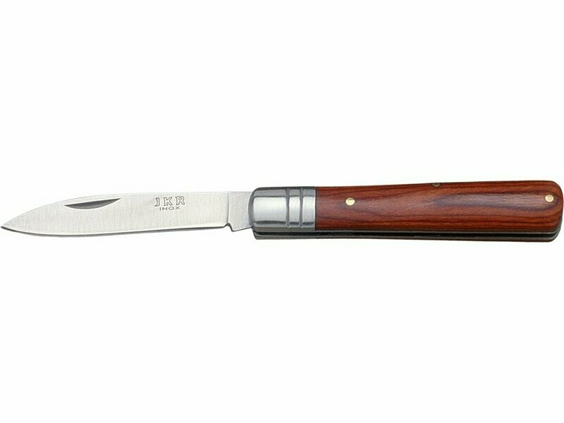 NAVAJA PISTÓN CON VIROLA INOX CACHAS DE MADERA ROJA Y HOJA DE 6,5 CM.