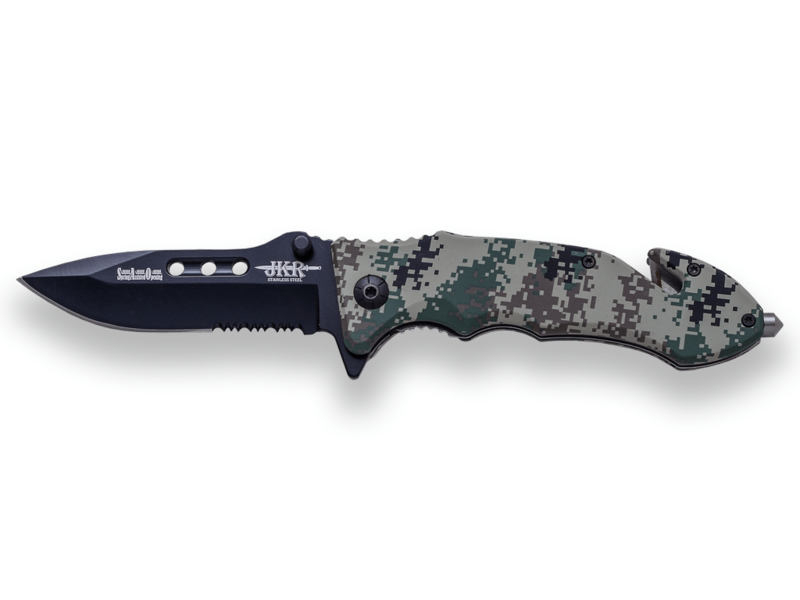 NAVAJA TÁCTICA JKR CON APERTURA ASISTIDA, PUÑO CAMUFLAJE DE ALUMINIO ENGOMADO Y HOJA DE 8,5 CM.
