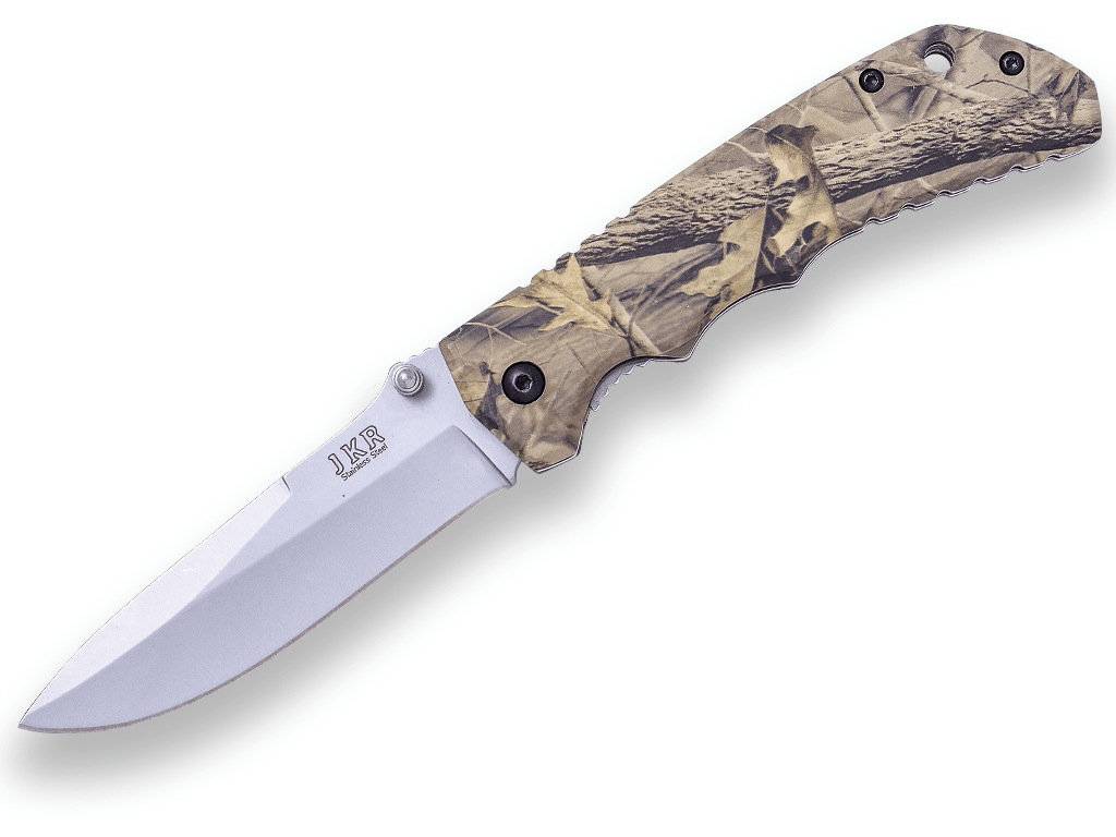 NAVAJA DEPORTIVA JKR CON APERTURA MANUAL, HOJA 8,5 CM Y PUÑO DE ALUMINIO - CAMUFLAJE. CON CLIP.